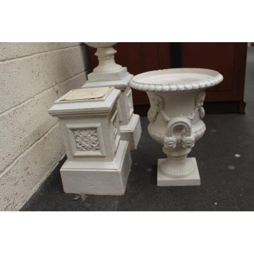 62 - Pair of Cast Iron Garden Urns on Stands (105cm Tall - the Urns are 44cm in diameter)