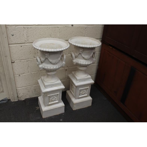 62 - Pair of Cast Iron Garden Urns on Stands (105cm Tall - the Urns are 44cm in diameter)