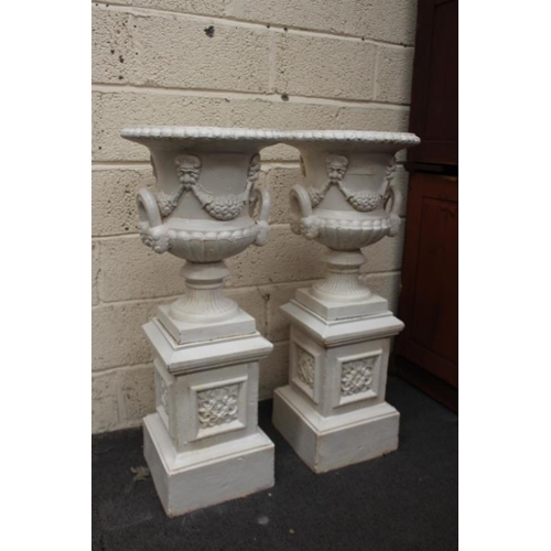 62 - Pair of Cast Iron Garden Urns on Stands (105cm Tall - the Urns are 44cm in diameter)