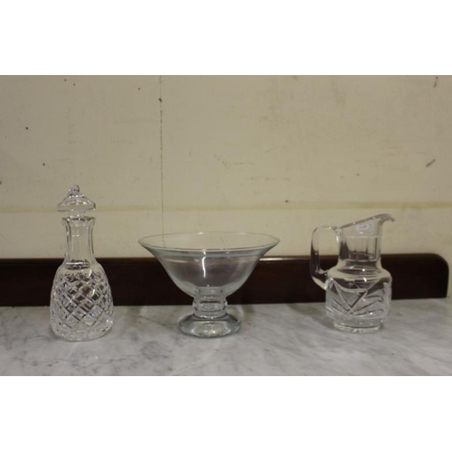 34 - Glass Fruit Bowl, Cavan Crystal Jug and a Cut Glass Decanter (wrong stopper)