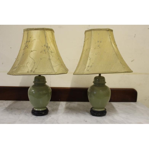 36 - Pair of Celadon Porcealin Electric Lamps with Oriental Pattern Shades -  All on Hardwood Boxes (48cm... 