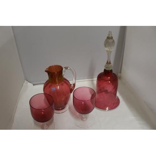 39 - 4 Pieces of Antique Red Glass including a Bell a Carafe and 2 Wine Glasses