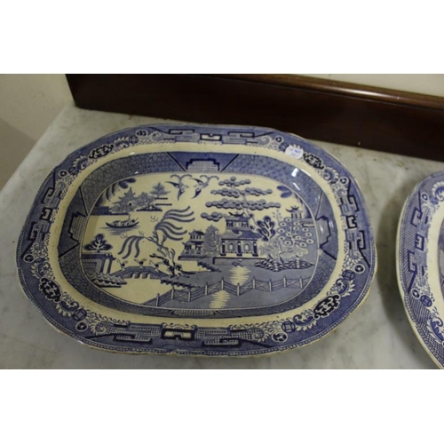 46 - Two Good Victorian Blue and White Willow Pattern Platters (Both  35cm x 46cm approx)