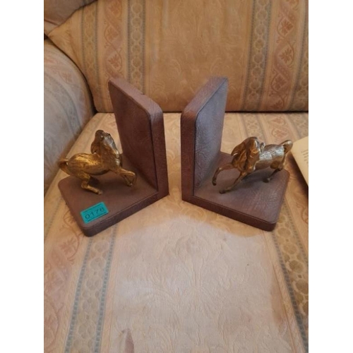 178 - Pair of Leather and Brass Mounted Horse Library Bookends - 19cm Tall