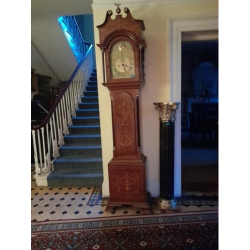 300 - Fine Mahogany Cased Brass Arch Dial Longcase Clock profusely Inlaid.  (250cm Tall x 60cm Wide)