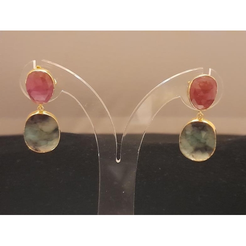 357 - Ruby Emerald Silver Gold Plated Drop Earrings