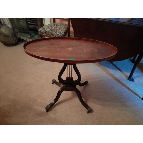 38 - Inlaid Mahogany Oval Gallery Top Occasional Table on a Lyre shaped column with 4 swept legs  (76x37c... 