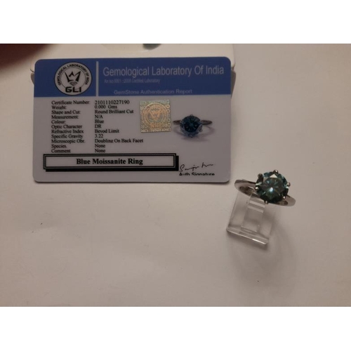 394 - .925 carat Silver Blue Moissanite Ring with 2.6 Carat Stone - Size M.