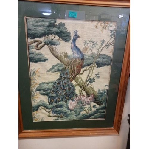 425 - Large Framed Woolwork Tapestry of a Peacock (85cm x 70cm)