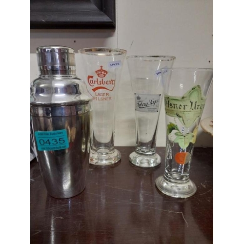 435 - Vintage Cocktail Shaker and 3 Collectible Beer Glasses