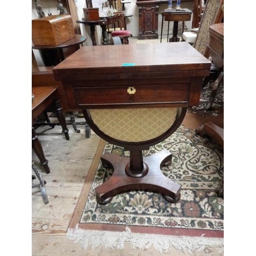 517 - Victorian Mahogany Sewing Box / Games Table with Foldover Top, Fitted Drawers and a Wool Basket (50c... 