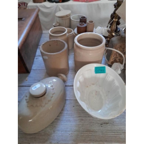 792 - Denby Foot Warmer, Jelly Mould and a collection of various Jars