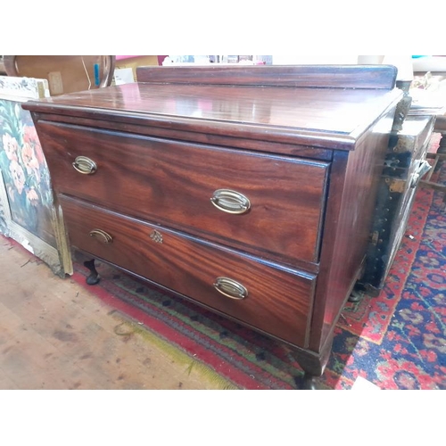 874 - Neat 2 Drawer Vintage Mahogany Chest on pad feet (90cm x 45cm x 65cm Tall)