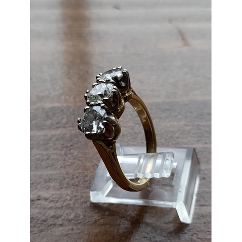 812 - 18 Carat Yellow Gold Three Stone Diamond 3 carats Ring claw set in this timeless design. Diamond Col... 