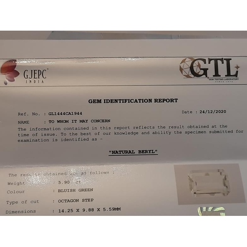 822 - Beryl Gemstone 5.90 carats, with IGI Certificate - AAA Grade