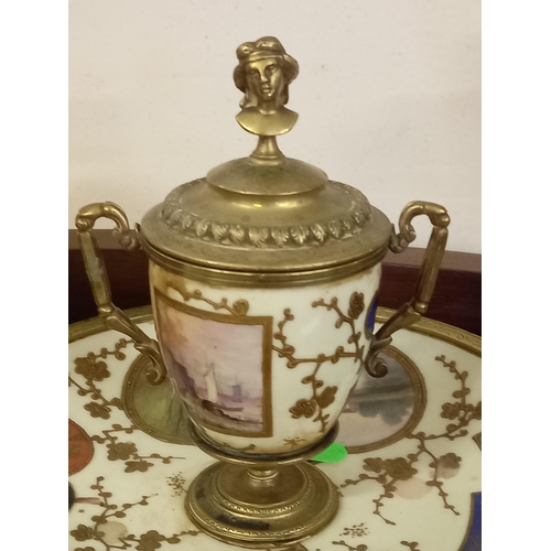 33 - 4 Piece Brass and Porcelain Desk Set ( Lid of Ink stand detached)