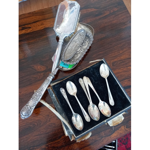 164 - Two Small Silver Trinket Dishes, Silver plated Crumb Scoop and a Clothes Brush
