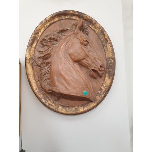 528 - Large Oval Metal Equestrian Wall Plaque - Signed