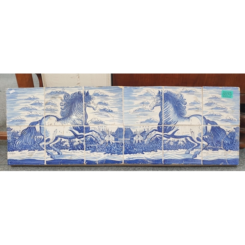 79 - Vintage good Decorative Blue and White Tile Picture of Horses