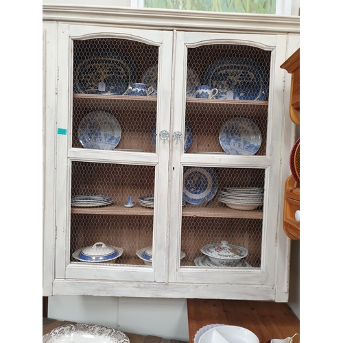 82 - Victorian painted Pine Wall Food Cupboard with Chicken Wire Panels