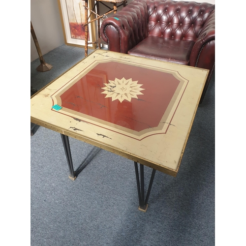 112 - Decorative Painted Top Brass Bound Occasional Table with Wrought Iron Base - 