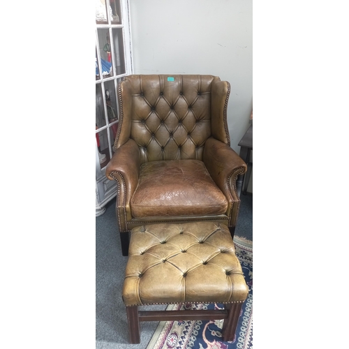 20 - Chesterfield Green Wingback Armchair and Foot Stool