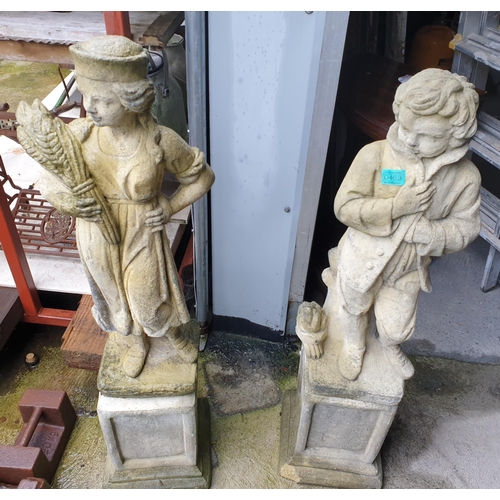 463 - Garden Statuary - Pair of Boy and Girl Figures on Plinths