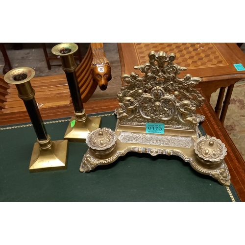 173 - Vintage Brass Desk Stand and a Pair of Candlesticks