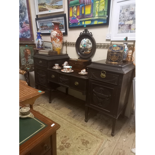 163 - Edwardian Mahogany Adams Style Sideboard with Brass Gallery Convex Mirror Back