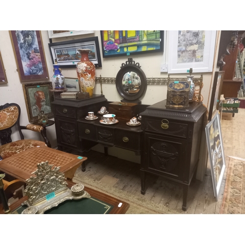 163 - Edwardian Mahogany Adams Style Sideboard with Brass Gallery Convex Mirror Back