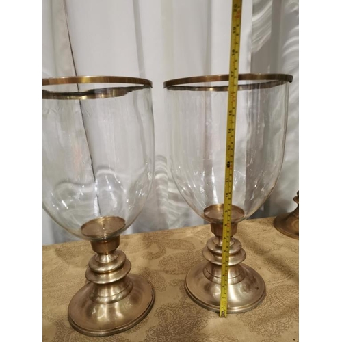 125 - Pair of Brass Stemmed Hurricanes with Glass Globe and Brass Trim