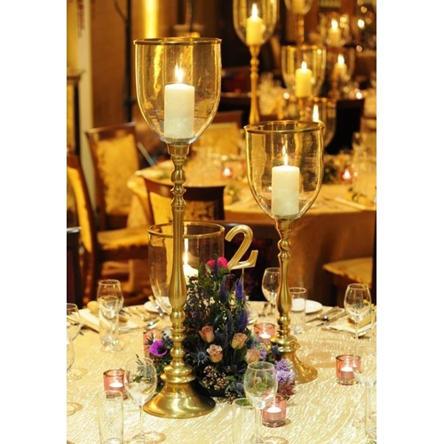 134 - Set of 3 Glass Brass Stemmed Hurricanes with Glass Globe and Brass Trim