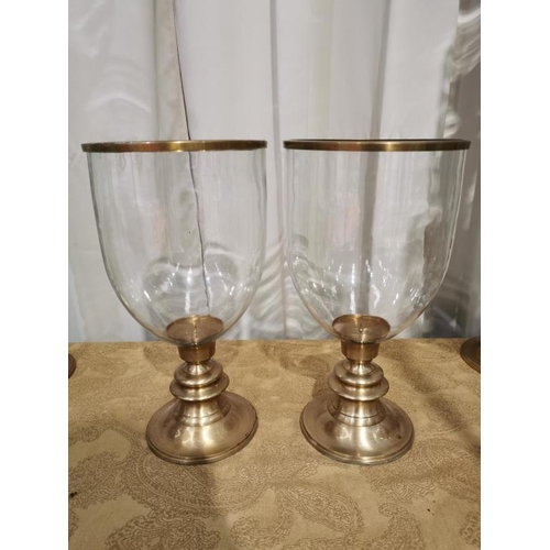 14 - Pair of Brass Stemmed Hurricanes with Glass Globe and Brass Trim