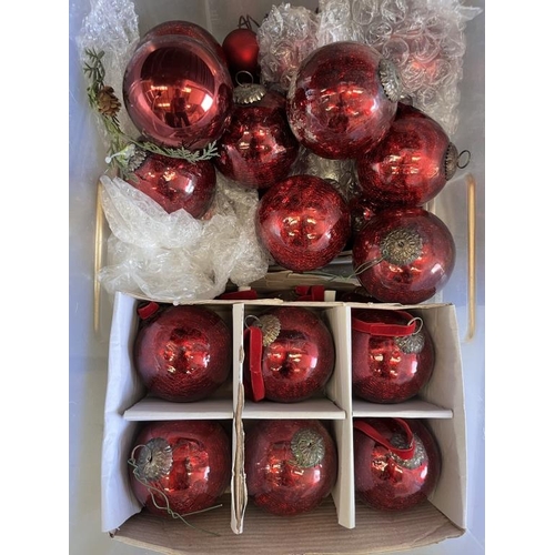 17 - Box of Heavy Glass Red Baubles with Velvet Hangers