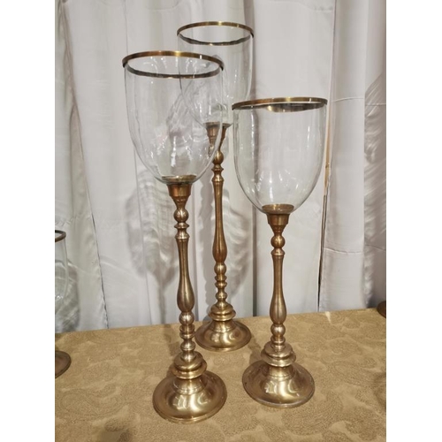 19 - Set of 3 Glass Brass Stemmed Hurricanes with Glass Globe and Brass Trim