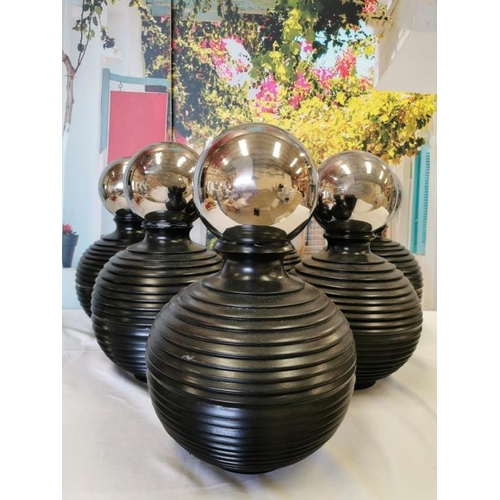 205 - 6 Ridged Matt Black Vases with Silver Balls (Vases 36cm)