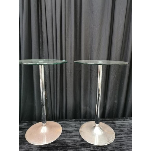 21 - Pair of Glass Top Chrome Column Cocktail / Patio Pod Tables (90cm Tall)