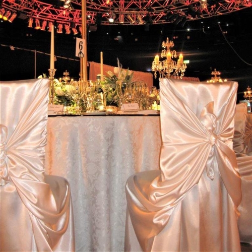 226 - 200 Ivory Charmeuse Chair Covers, designed by Wildflower Linen, USA