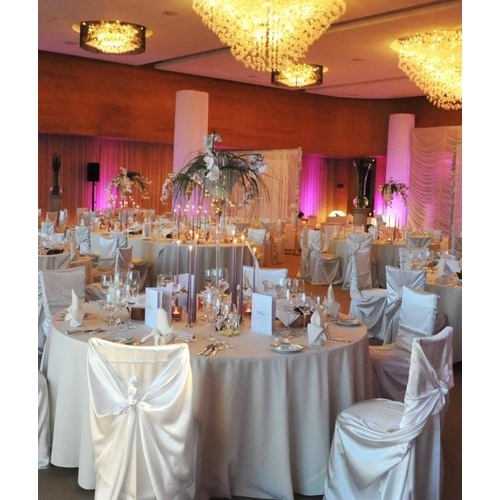 226 - 200 Ivory Charmeuse Chair Covers, designed by Wildflower Linen, USA