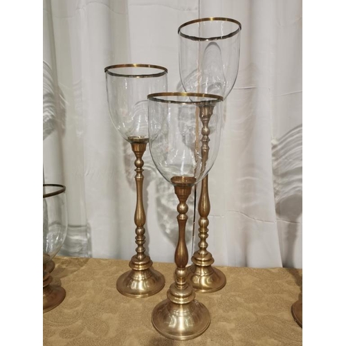 279 - Set of 3 Glass Brass Stemmed Hurricanes with Glass Globe and Brass Trim