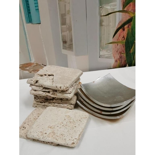 296 - Box of Silver and Stone Tiles / Candle Plates