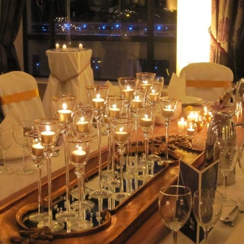 327 - 18 x Gold Rim Votives (3 Heights) giving Candlelight at many levels (35cm, 30cm and 25cm)