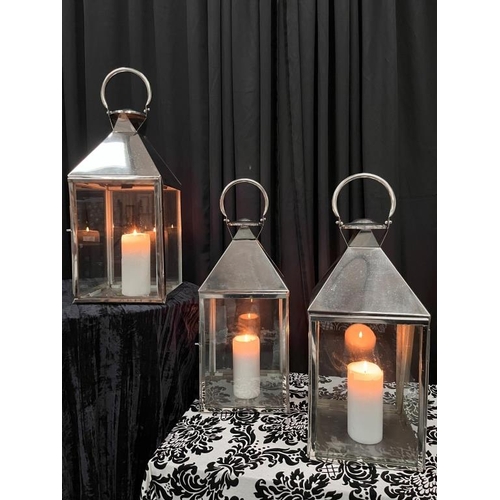 333 - 3 x Square Chrome Lanterns, (80cm H x 30cm D)