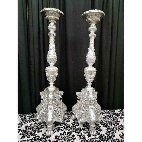 337 - Pair of Ornate Silver Candlestands Spanish Baroque Style Candlesticks