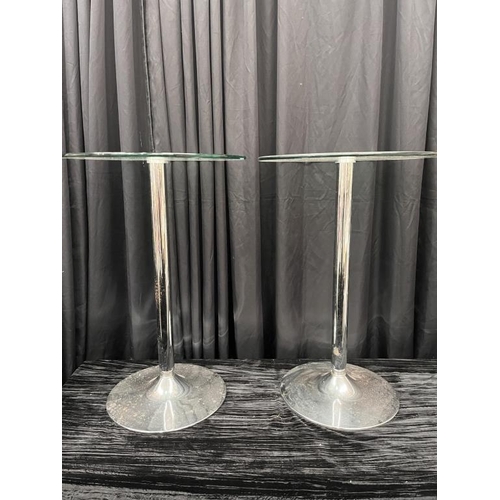 339 - Pair of Glass Top Chrome Column Cocktail / Patio Pod Tables (90cm Tall)