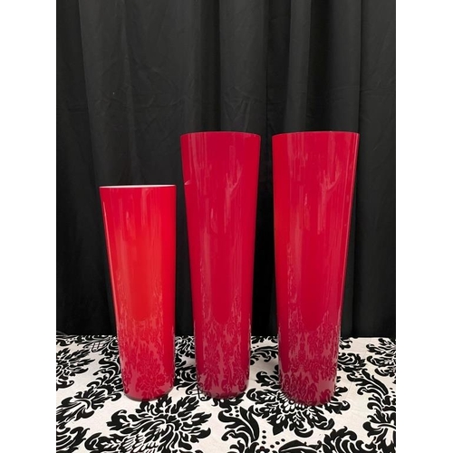 357 - 3 Tall Red Vases, 60cm H, 50cm H and 17cm D)