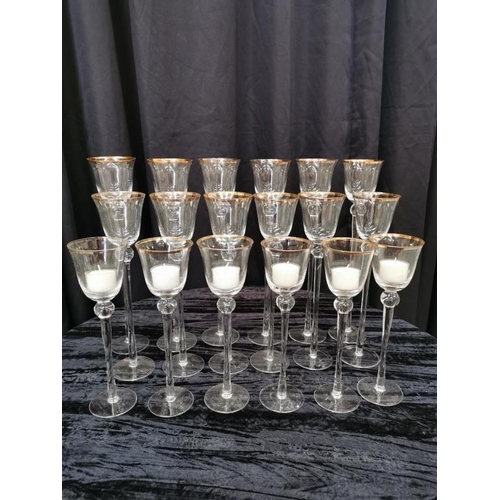 63 - 18 x Gold Rim Votives (3 Heights) giving Candlelight at many levels (35cm, 30cm and 25cm)