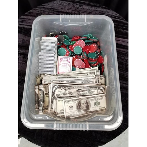 548 - Box of Poker Chips, Money Cards, etc