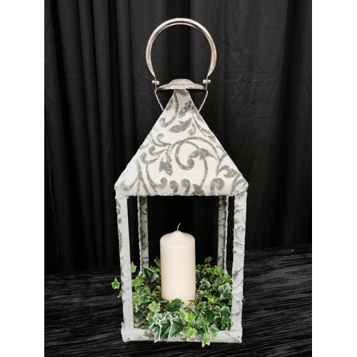 579 - Lantern with Sage Green Velvet Fabric and Pillar Candle