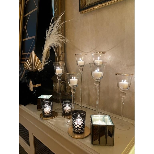 594 - 18 Gold Rim Votives (3 heights) giving Candlelight at many levels (35cm, 30cm and 25cm)